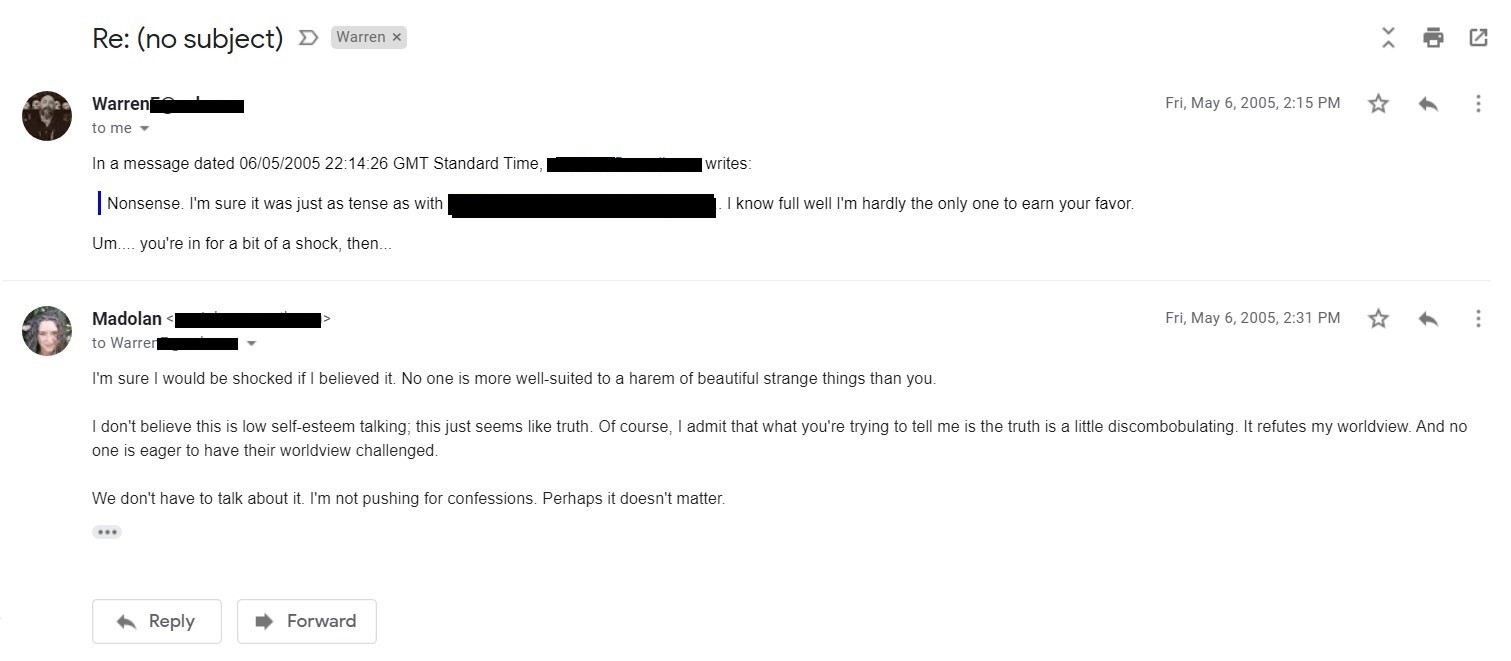 an email from Warren to Madolan telling her he does not have a harem of beautiful strange things.