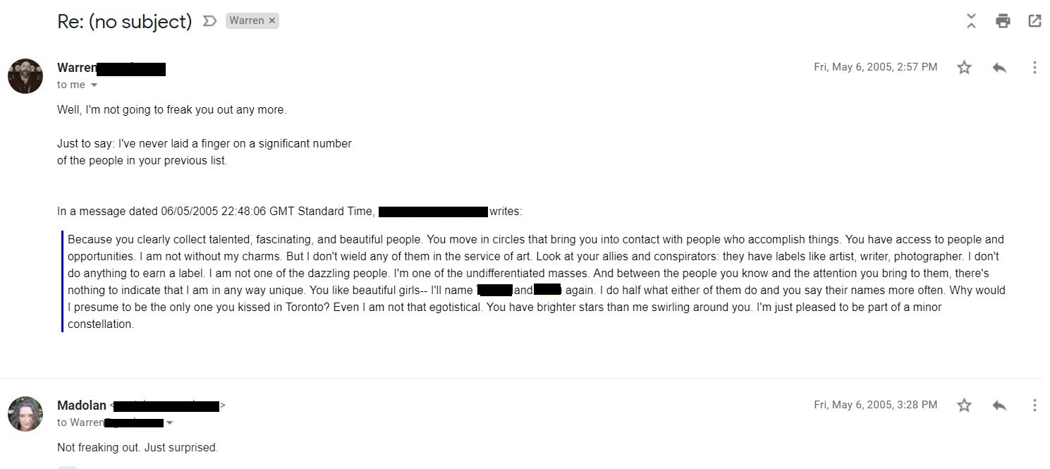 an email from Warren to Madolan in which he says he has not touched a significant number of a list of women she sent him